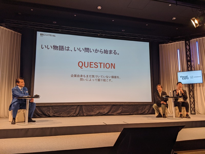 企業の物語を見つけるには良い問いが必要だと示すスライド
