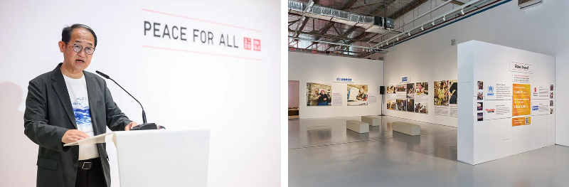 PEACE FOR ALLの活動を説明するファーストリテイリングの新田幸弘氏と展示会場