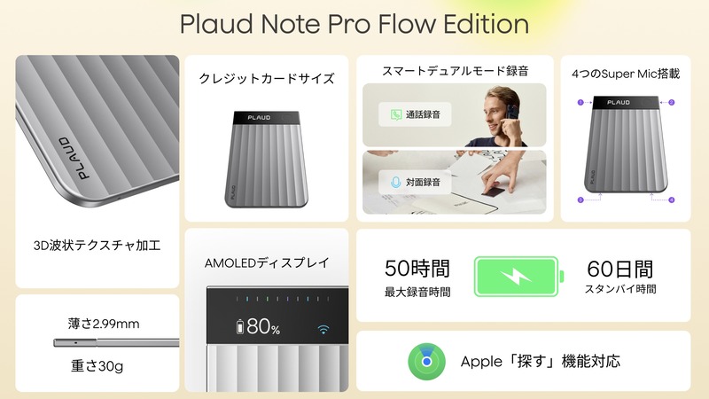 Plaud Note Pro Flow Editionの録音機能や本体サイズなどの主な仕様