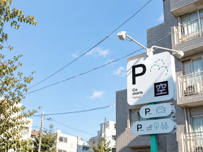 青空の下に設置されたComoris Parkingの駐車場看板